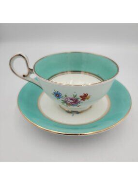 Old ROYAL Sampson Smith Teal Floral Cup & Saucer c1930 OLD MARK England